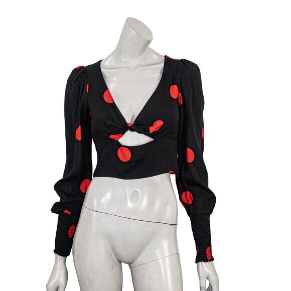 REFORMATION Women's Black Red Polka Dot Cropped Blouse Size 2 - Picture 2 of 9